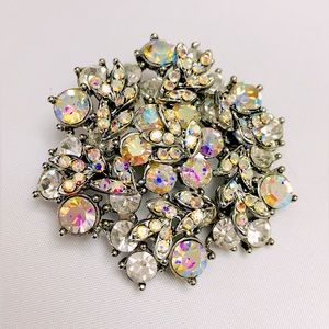 FAB Aurora Borealis Rhinestone Silver Tone Abstract Floral Brooch